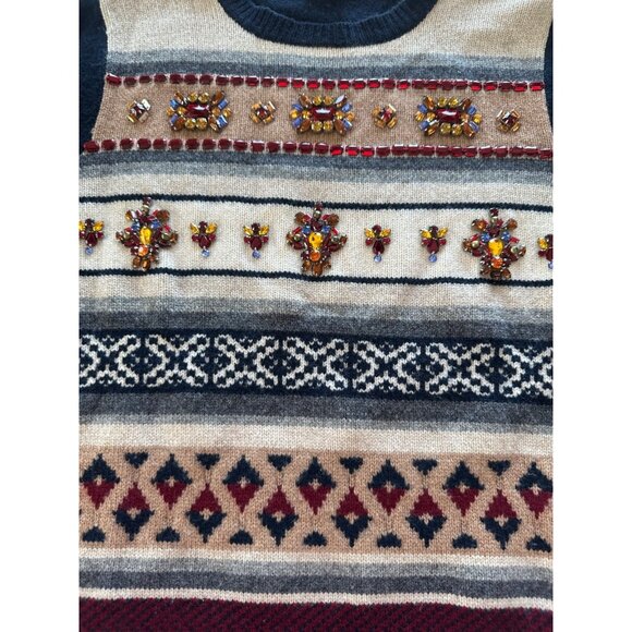 J CREW Womens Sz M 100% Wool Jeweled Navy/Multi Fair Isle Stripe Sweater Preppy - Picture 2 of 9